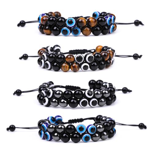 Black Stone Bracelet, with Iron Rock & Polyester Cord & Tiger Eye & Resin, Evil Eye, polished, Unisex & different styles for choice, Length:Approx 7-10 Inch, Sold By PC