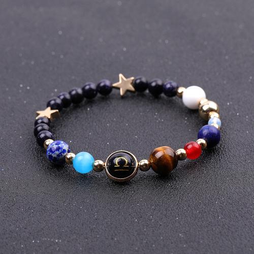 Blue Sandstone Bracelet, with Gemstone & Tibetan Style, 12 Signs of the Zodiac, handmade, Unisex & different styles for choice & gold accent, Length:Approx 7.3-7.5 Inch, Sold By PC