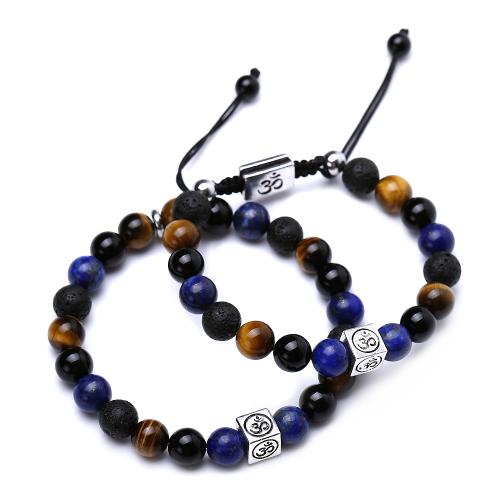 Lapis Lazuli Bracelet, le Lava & Tíogair Súl & Agate Black & Sinc Alloy, unisex & stíleanna éagsúla do rogha, Fad Thart 6.9 Inse, Díolta De réir PC