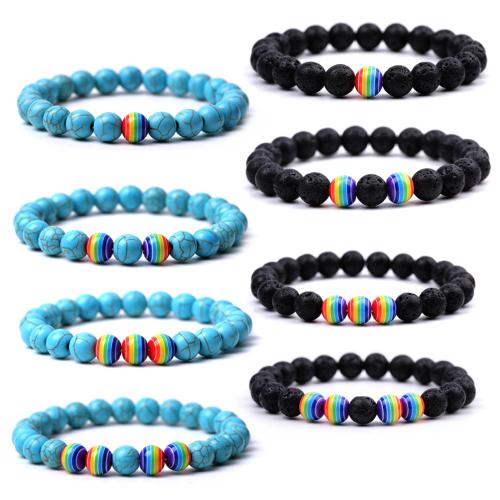 Jaspe d'arc-en-ciel bracelet, avec lave volcanique & turquoise synthétique, Rond, fait à la main, unisexe & styles différents pour le choix, Longueur:Environ 7.3-7.5 pouce, Vendu par PC