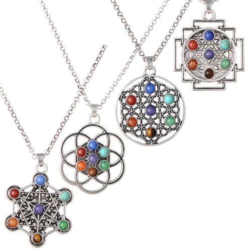 Tibetan Style Necklace, with Gemstone, antique silver color plated, Unisex & different styles for choice & hollow, Length:Approx 23.6 Inch, Sold By PC