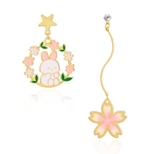 Zinc Alloy Asymmetric Earrings with Plastic Pearl gold color plated & for woman & enamel & with rhinestone & hollow Sold By Pair