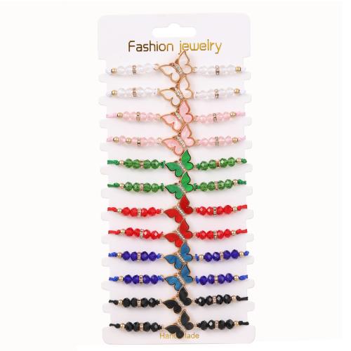 cristal Set de bracelet, avec Feuille d'acétate & cordon de polyester & alliage de zinc, papillon, fait à la main, pour femme & avec strass, multicolore, Longueur:Environ 7-9 pouce, Vendu par fixé