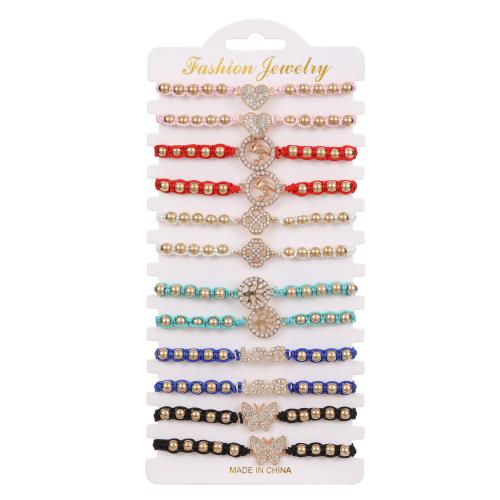 alliage de zinc Set de bracelet, avec cordon de polyester, fait à la main, pour femme & avec strass & creux, multicolore, Longueur:Environ 7-9 pouce, Vendu par fixé