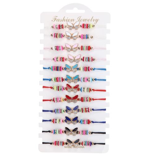 alliage de zinc Set de bracelet, avec argile de polymère & cordon de polyester & cristal, papillon, fait à la main, Style bohème & réglable & pour femme & émail, multicolore, Longueur:Environ 7-9 pouce, Vendu par fixé