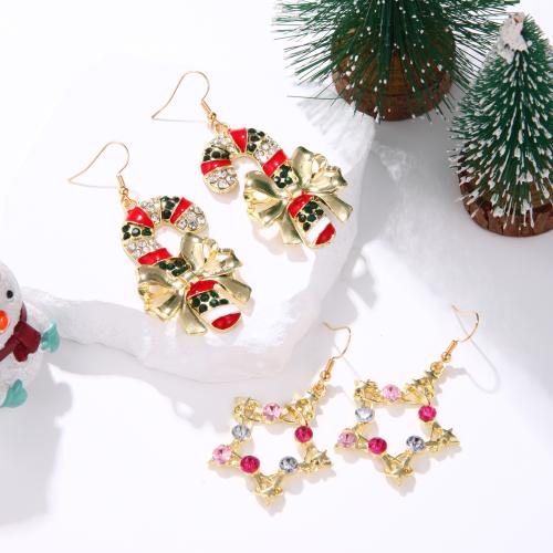 Boucles d'oreilles de Noël, alliage de zinc, Placage de couleur d'or, Forme différente pour le choix & Conception de Noël & pour femme & émail & avec strass, plus de couleurs à choisir, protéger l'environnement, sans nickel, plomb et cadmium, Vendu par paire