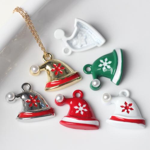 Zinc Alloy Enamel Pendants with Plastic Pearl Christmas Hat plated DIY nickel lead & cadmium free Sold By Bag