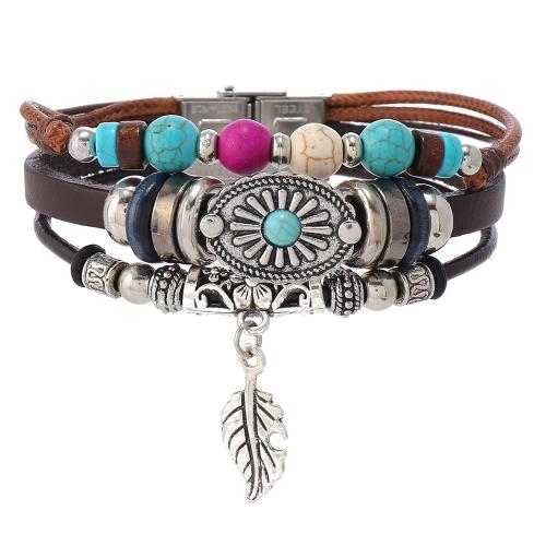 Bracelet de cuir de vachette, cuir de peau de vache, avec turquoise & corde de cire & Acier inoxydable 304, fait à la main, trois couches & bijoux de mode & unisexe, brun, Longueur:21 cm, Vendu par PC