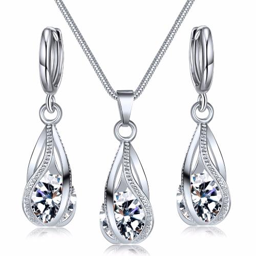 Cubic Zirconia Micro Pave Brass Jewelry Sets, earring & necklace, with Cubic Zirconia, 2 pieces & fashion jewelry & for woman, more colors for choice, Sold By Set