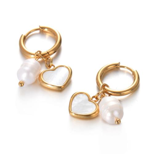 Huggie Hoop Drop Earring 304 Stainless Steel with Shell & Plastic Pearl plated for woman gold Sold By Pair