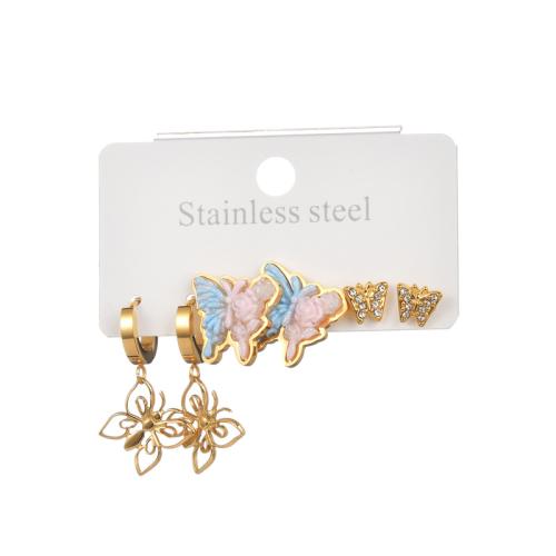 Stainless Steel Drop Earring, 304 Stainless Steel, with Resin, Butterfly, plated, three pieces & micro pave cubic zirconia & for woman, gold, Sold By Set