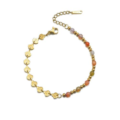 Pulseira de aço titânio, Partículas de aço, with misto de pedras semi-preciosas, banhado, Vario tipos a sua escolha & para mulher, dourado, vendido por PC