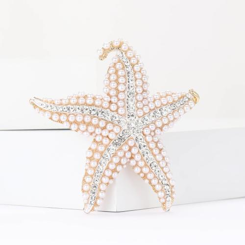 Tibetan Style Brooches, with Plastic Pearl, Starfish, plated, fashion jewelry & with rhinestone, golden, nickel, lead & cadmium free, 69x68mm, Sold By PC