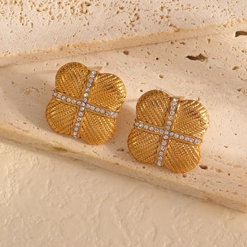 Stainless Steel Stud Earrings, 304 Stainless Steel, gold color plated, fashion jewelry & with rhinestone, golden, 20x20mm, Sold By Pair