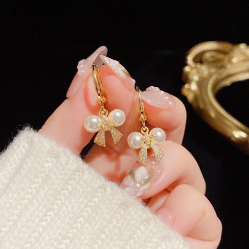 Cubic Zirconia Micro Pave Brass Earring with Plastic Pearl Bowknot real gold plated micro pave cubic zirconia & for woman gold Sold By Pair