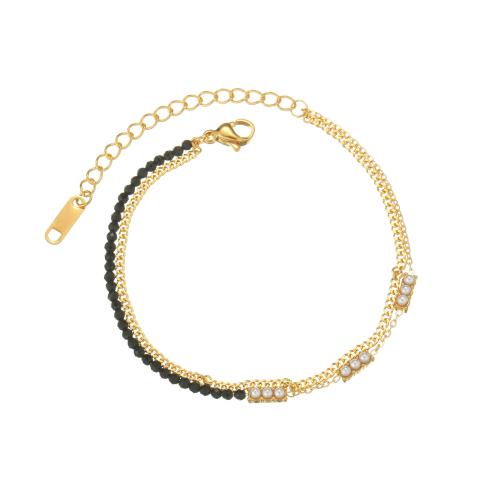 Stainless Steel Jewelry Bracelet, 304 Stainless Steel, with Seedbead & Plastic Pearl, plated, for woman, gold, Sold By PC