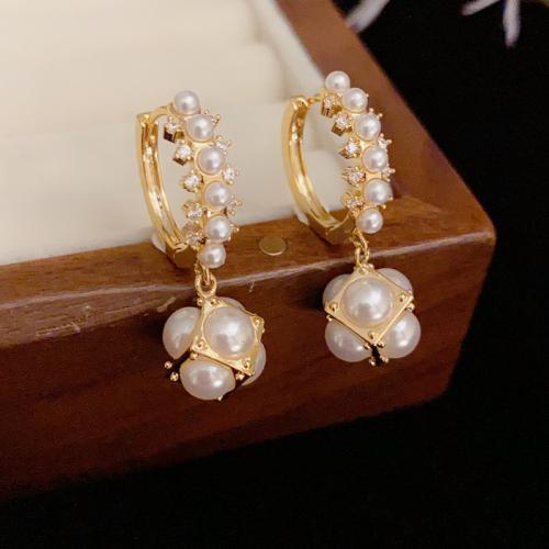 Cubic Zirconia Micro Pave Brass Earring, with Plastic Pearl, real gold plated, micro pave cubic zirconia & for woman, golden, 30x11mm, Sold By Pair