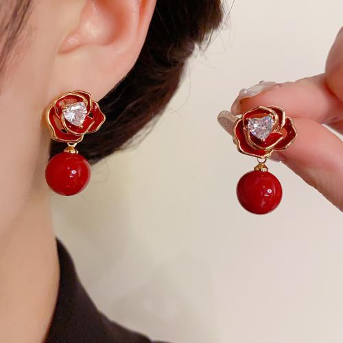 Cubic Zirconia Micro Pave Brass Earring, with Plastic Pearl, real gold plated, micro pave cubic zirconia & for woman & enamel, red, 29x16mm, Sold By Pair