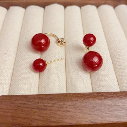 Brass Stud Earring, with Plastic Pearl, real gold plated, for woman & enamel, red, 23x13mm, Sold By Pair