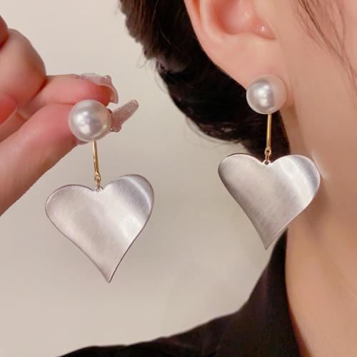 Brass Stud Earring, with Plastic Pearl, Heart, real gold plated, for woman, silver color, 49x28mm, Sold By Pair