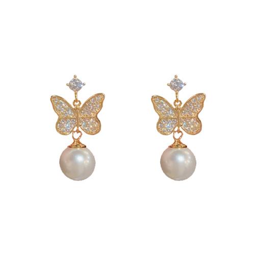 Boucles d'oreilles en laiton zircon cubique pavent, avec perle de plastique, papillon, Plaqué d'or, pavé de micro zircon & pour femme, plus de couleurs à choisir, 21x10mm, Vendu par paire