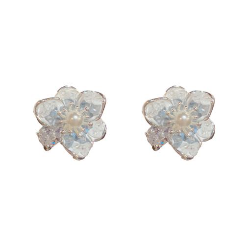 Cubic Zirconia Micro Pave Brass Earring, with Crystal & Plastic Pearl, petals, real gold plated, micro pave cubic zirconia & for woman, more colors for choice, 15x14mm, Sold By Pair