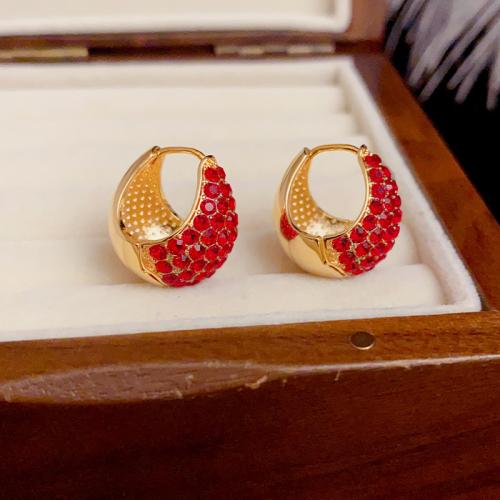 Boucles d'oreilles en laiton zircon cubique pavent, Plaqué d'or, pavé de micro zircon & pour femme, rouge, 19x15mm, Vendu par paire