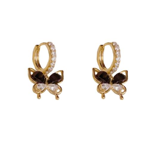 Boucles d'oreilles en laiton zircon cubique pavent, papillon, Plaqué d'or, pavé de micro zircon & pour femme, Or, 20x11mm, Vendu par paire