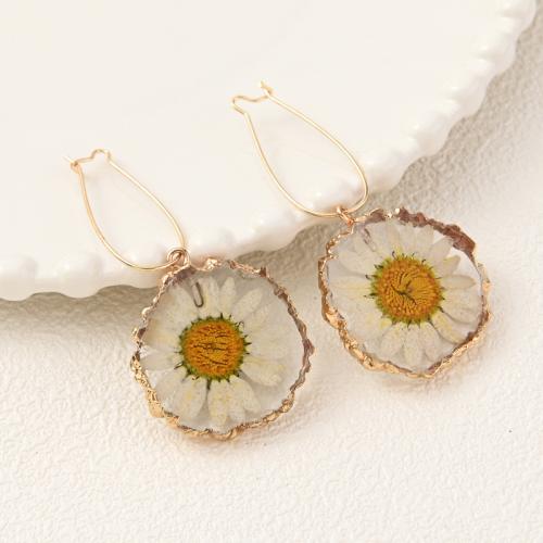 Tibetan Style Drop Earrings, with Dried Flower & Resin, epoxy gel, for woman, golden, Sold By Pair