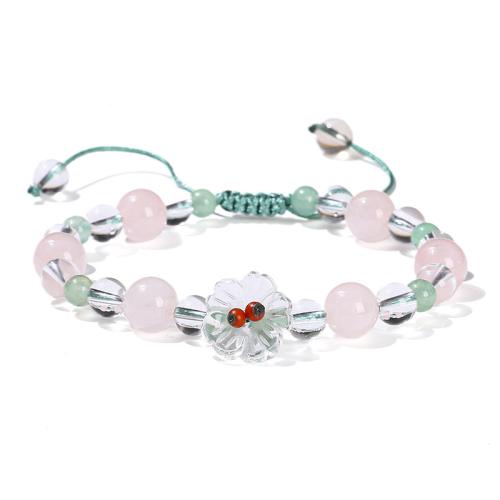 Madagascar Rose Quartz pulseira, with Corda de poliéster & Cristal branco, Cerejeira Oriental, polido, joias de moda & para mulher, beads length 6-8mm, comprimento Aprox 6-7 inchaltura, vendido por PC