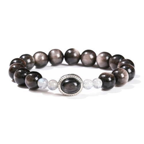 Argent-Obsidienne bracelet, avec Pierre de chance d’or & Pierre de lune bleue & alliage de zinc, fait à la main, bijoux de mode & unisexe, beads length 10mm, 6mm, Longueur:Environ 6-8 pouce, Vendu par PC