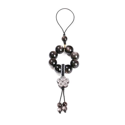 Silver Obsidian Hanging Ornaments, with Polyester Cord, Flower, handmade, vintage, beads length 12mm, Length:Approx 18 cm, Sold By PC