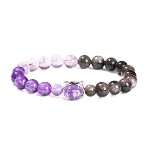 Silver Obsidian Bracelet, with Amethyst & Tibetan Style, Cat, handmade, fashion jewelry & for woman, beads length 8mm, 6mm, Length:Approx 6-7 Inch, Sold By PC