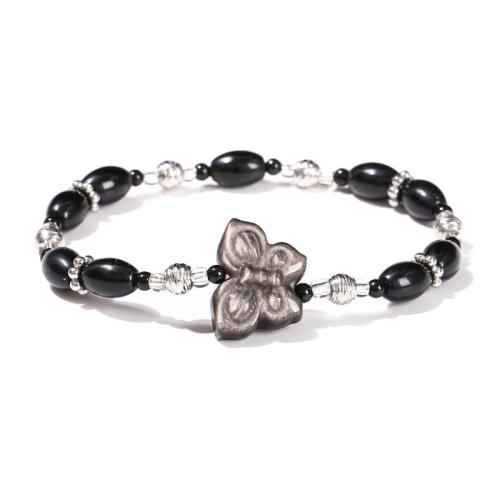 Obsidienne bracelet, avec Argent-Obsidienne & Acier inoxydable 304, papillon, fait à la main, bijoux de mode & pour femme, beads size 6x9mm, 3mm, Longueur:Environ 6-7 pouce, Vendu par PC