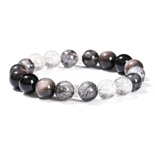 Zilver + Obsidiaan Armband, met Obsidian & Black Rutilated Quartz & Strawberry Quartz & 304 roestvrij staal, Ronde, handgemaakt, mode sieraden & voor de mens, beads length 10mm, Lengte Ca 7-8 inch, Verkocht door PC