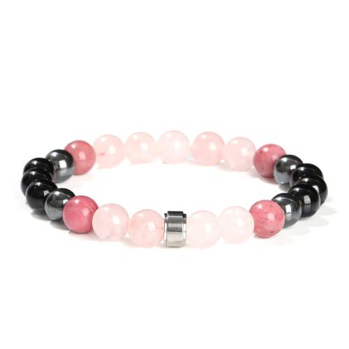 Madagascar Rose Quartz Bracelet, with Hematite & Black Agate & 304 Stainless Steel, Round, handmade, different size for choice & for woman, Length:Approx 6-7 Inch, Sold By PC