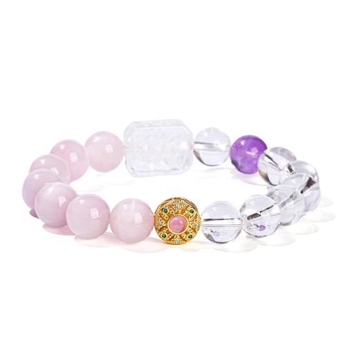 quartz clair bracelet, avec kunzite & laiton, fait à la main, bijoux de mode & pour femme, beads length 10mm, Longueur:Environ 6-7 pouce, Vendu par PC