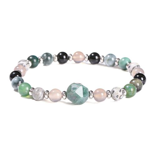 Natural Stone Bracelet, with Moss Agate & 304 Stainless Steel, Geometrical Pattern, handmade, fashion jewelry & for woman, beads length 6mm, 10mm, Length:Approx 6-7 Inch, Sold By PC