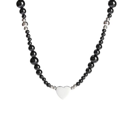 Black Agate Necklace with 304 Stainless Steel with 2inch extender chain Heart handmade fashion jewelry & for woman Grade AAAAA Length Approx 15.7 Inch Sold By PC