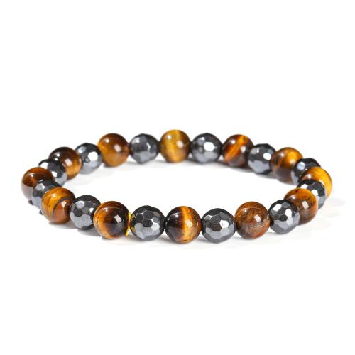 Tiger Eye Armband, med Hematit & 304 rostfritt stål, Rund, handgjord, Unisex & olika stilar för val & fasetterad, beads length 8mm, Längd Ca 6-8 inch, Säljs av PC