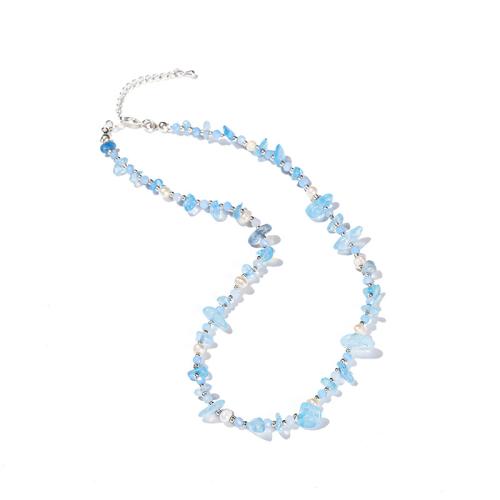 Aquamarine Necklace, with Plastic Pearl & 304 Stainless Steel, with 2inch extender chain, handmade, fashion jewelry & for woman, Length:Approx 15 Inch, Sold By PC