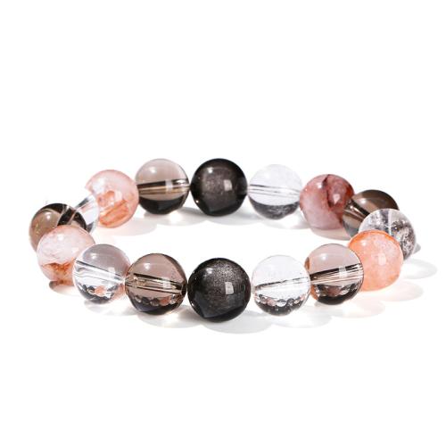 quartz fumé bracelet, avec Argent-Obsidienne & quartz clair, Rond, poli, bijoux de mode & pour femme, beads length 12mm, Longueur:Environ 6-8 pouce, Vendu par PC