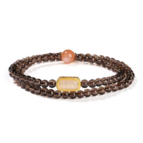 quartz fumé bracelet, avec Pierre de lune orange & laiton, fait à la main, Double couche & pour femme, beads length 4mm, Longueur:Environ 12-14 pouce, Vendu par PC