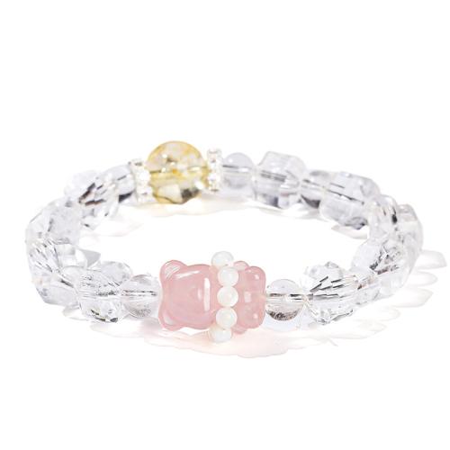 quartz clair bracelet, avec quartz rose & laiton, ours, fait à la main, bijoux de mode & pour femme, beads length 8-10mm, Longueur Environ 6-7 pouce, Vendu par PC