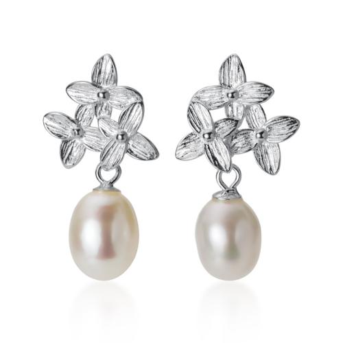 925 Sterling Silver Drop Earring, with Freshwater Pearl, Four Leaf Clover, Korean style & for woman, silver color, 12x23mm, Sold By Pair