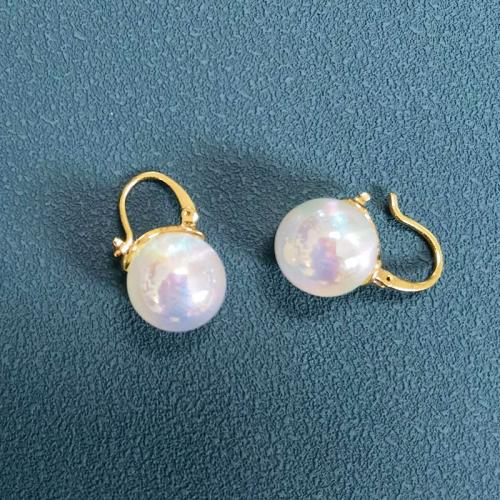 Laiton Leverback boucle d'oreille, avec perle de plastique, bijoux de mode & pour femme, blanc, 25x15mm, Vendu par paire