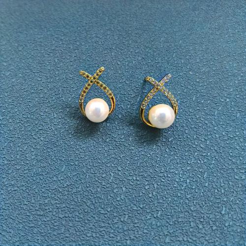 Brass Stud Earring, with Plastic Pearl, fashion jewelry & for woman & with rhinestone, golden, 23x13mm, Sold By Pair