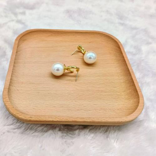 Brass Stud Earring, with Plastic Pearl, fashion jewelry & for woman, golden, 25mm, Sold By Pair