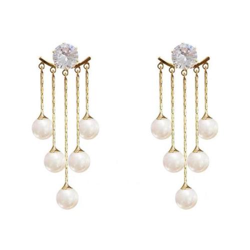 Boucles d'oreilles pendantes en laiton, avec perle de plastique, bijoux de mode & pour femme & avec strass, doré, 46mm, Vendu par paire