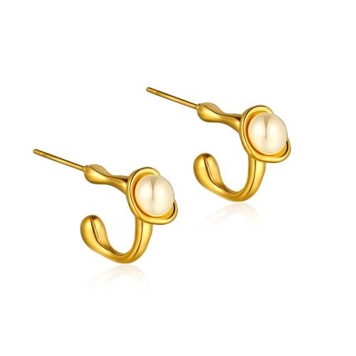 Stainless Steel Stud Earrings, 304 Stainless Steel, with Plastic Pearl, fashion jewelry & for woman, golden, 18x18mm, Sold By Pair